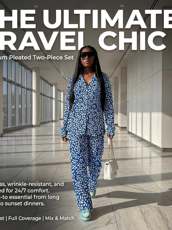 🆕Women's Blue Floral Casual 2 Piece Outfit Linen Long Sleeve Button Down Shirt - Picture 5 of 5